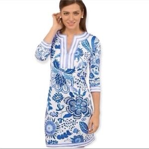 Gretchen Scott Blue Floral Jersey 3/4 Sleeve Stretch Dress Size LARGE